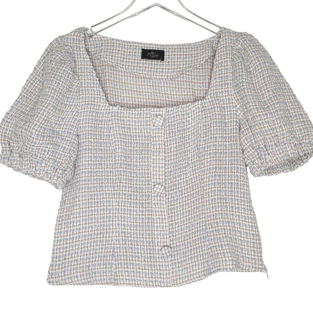 Milk & Honey Tweed Boho Cottage Top Peasant Blue White Tan Coquette‎ L